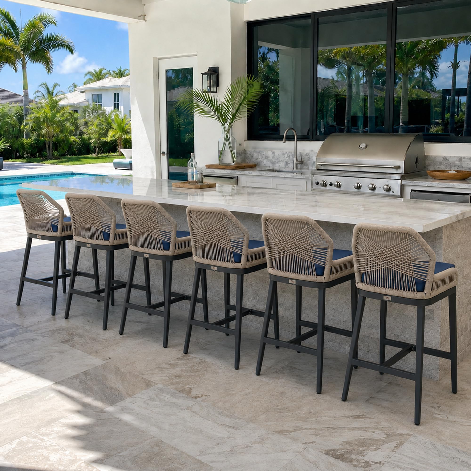 PURPLE LEAF Counter Height Bar Stools Set of 4 Navy Blue Cushion, Dark Grey