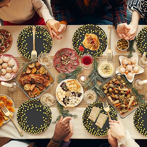 Miniatura 6 de Juego de platos y tenedores de papel negro y dorado, 25 platos de postre desechables de 7 pulgadas y 25 tenedores de plástico de 7.3 pulgadas,