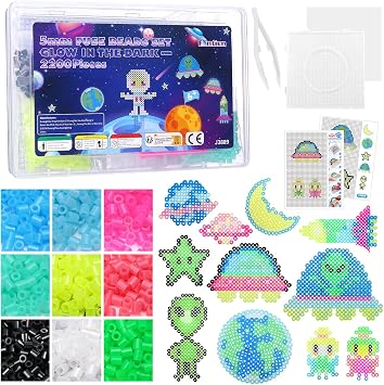 Fontien 2200pcs 5mm Glow in the Dark Fuse Beads Kit for Kids, Iron Beads Set with 8 Colors, Space Alien Melting Beads Kit with Pegboard for Kids Crafts Decorations Christmas Birthday Gifts