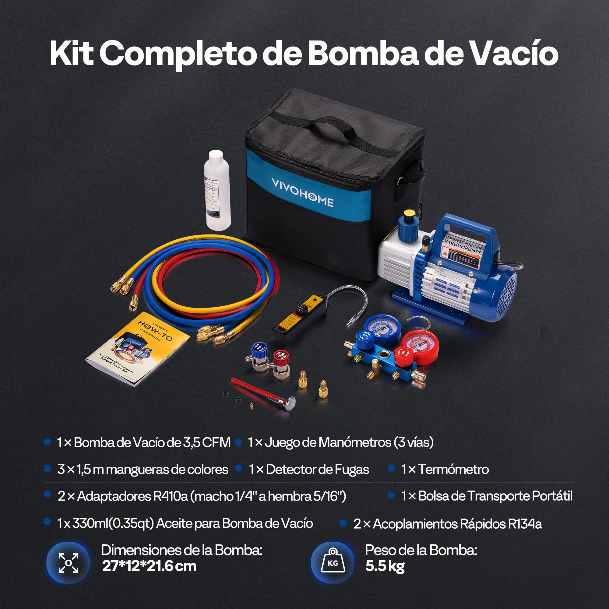 VIVOHOME Kit de Bomba de Vacío 3,5CFM Monofásica con Manómetros para HVAC Automotriz