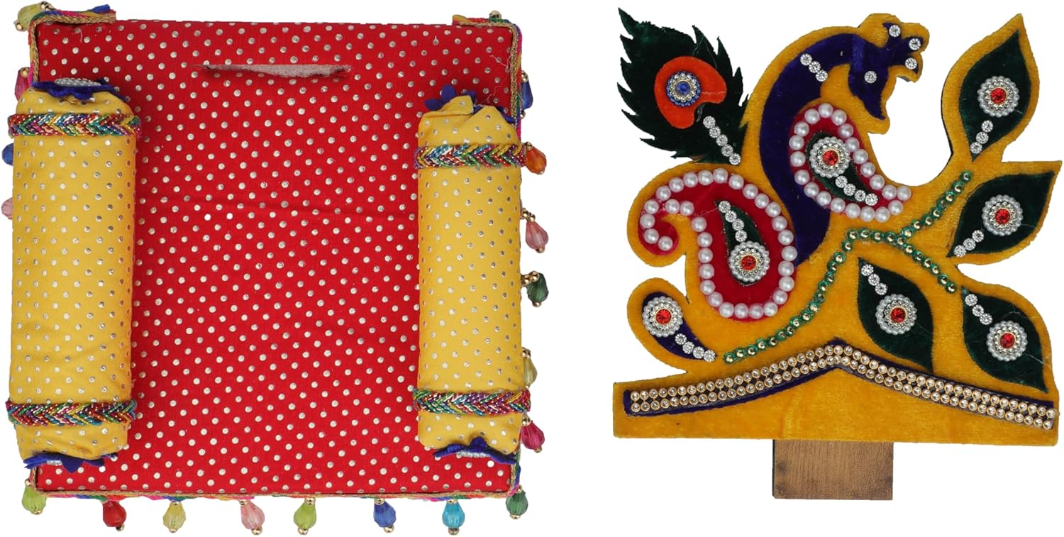 Decorative Laddu Gopal Singhasan Foldable Mor pankh Design for Bal gopal Ji Velvet Mattress Cushion Gadda Dress Asan Set Indian Traditional Holi Festival Decorations(Size:-6"X7")(Multicolour)