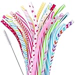 JANYUN 30 Pieces Reusable Plastic Straws BPA-Free 9 Colorful Printing Hard Platic Stripe Drinking Straw for Mason Jar Tumbler Family or Party Use Cleaning Brush Included(Random Pattern) (Bent)