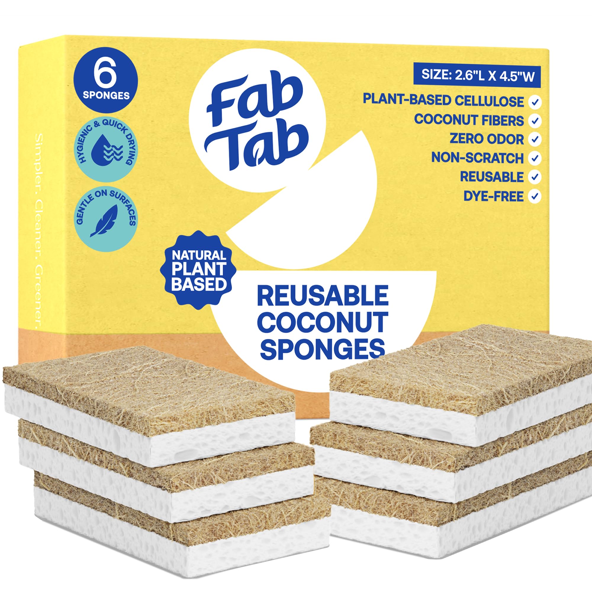 FabTab Coconut and Cellulose Sponges, Plant-Based, Non-Scratch Cleaning Sponges for Dishes, Sinks, Stoves, Countertops, Odorless Kitchen Sponge,