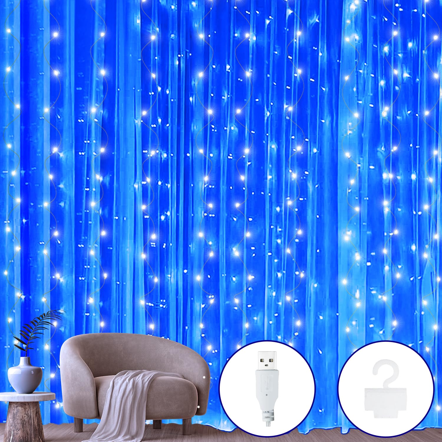 Ollny 2x2m 200 LED Lichtervorhang innen mit USB 8 Modi Blau