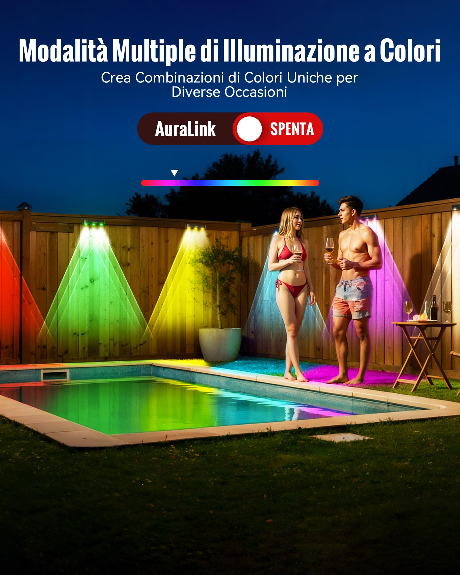 Applique Solare da Esternoper Esterni, 6 Pezzi RGB Lampada Solare da Esterno, Impermeabile IP65, 10 Modalità di Illuminazione per Decorazione da Giardino, Parete, Percorso, Veranda