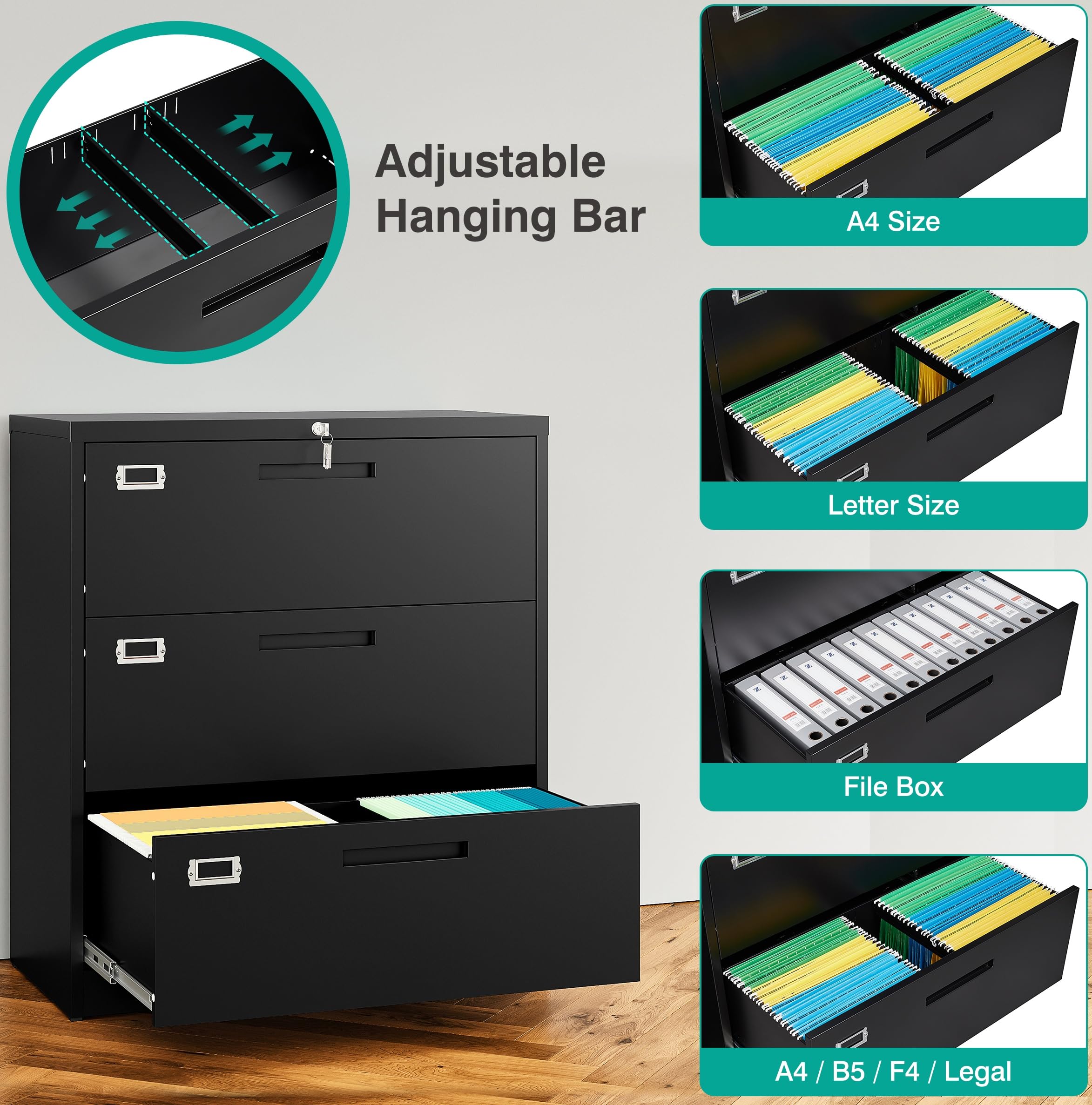 Amazon.com: SISESOL 3 Drawer Lateral File Cabinet with Lock,Black