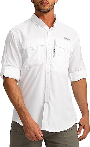 Camisetas de protección solar para pesca de manga larga para hombres, camisas de trabajo de viaje para hombres UPF50+ con botones y bolsillos con
