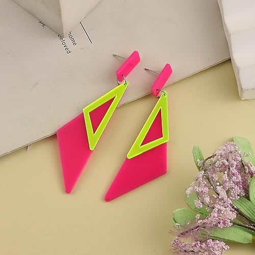 Miniatura 5 de Aretes de neón retro de los años 80 para mujer, aretes colgantes de neón triangulares acrílicos, coloridos aretes geométricos de gota, brillantes