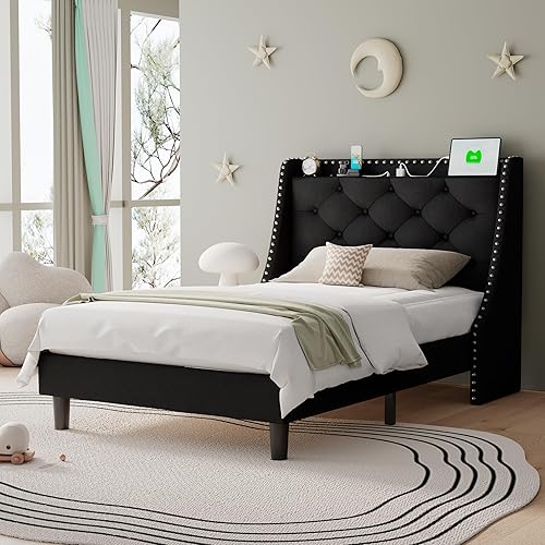 Miniatura 82 de Base de cama tamaño Queen con cabecero de almacenamiento capitoné con botones en la parte trasera y puertos tipo CA, plataforma tapizada, soporte de