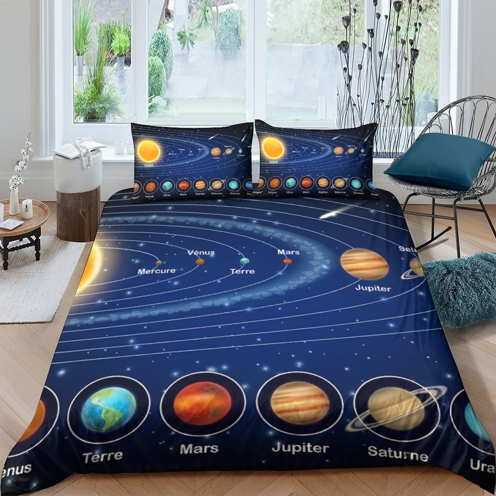 GPLZQXKJNH 3D Printed Solar System Duvet Cover Set Microfiber Soft Breathable Space Planets Quilt Cover with 2 Pillowcases for Bedroom Decor Single（135x200cm）