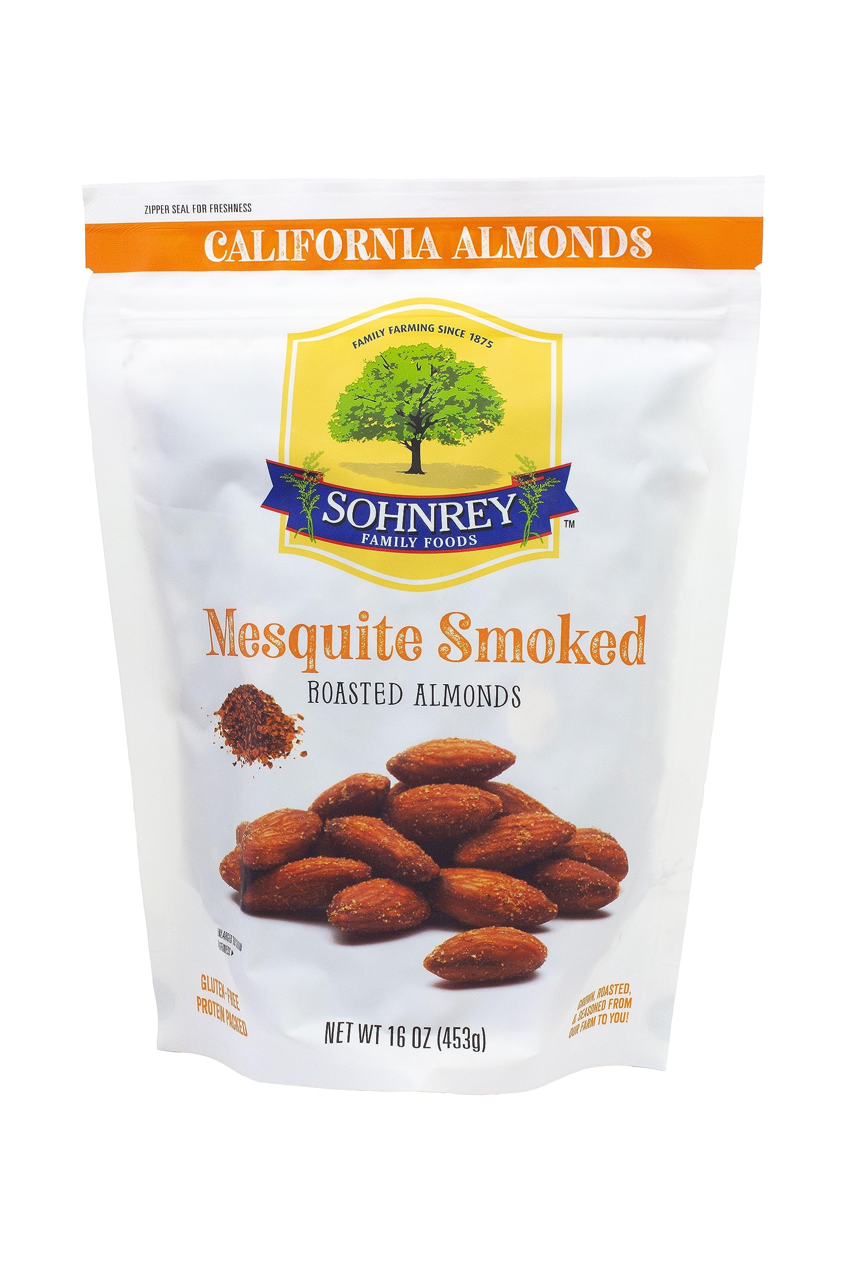 Mesquite Smoked Almonds (16oz) Steam Pasteurized Smoky Savory Roasted Seasoned Nut Snacks from the Sohnrey Family Farm