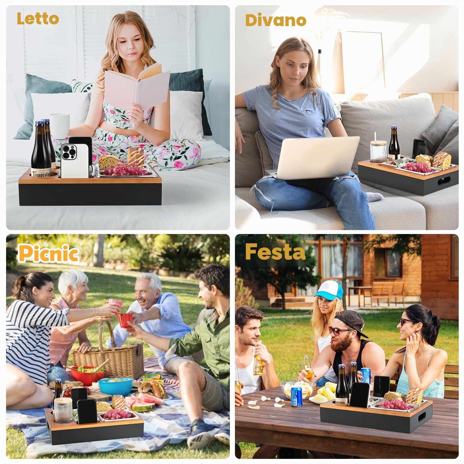 Vassoio da Divano, Euakee Porta Snack da Divano in Legno con Due Ciotole Snack Inossidabile e Portabicchieri, Vassoio da Portata Adatto per Divano del Soggiorno Picnic del Ristorante