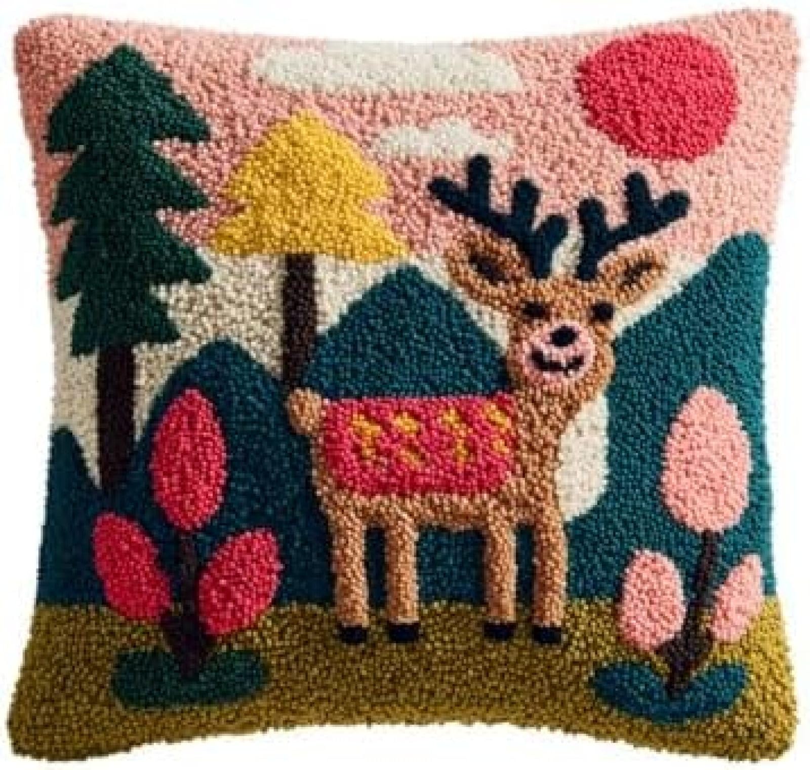 kitphoenix Adults Beginner Latch Hook Craft Kit,Cute Antelope in Forest,Cushion Cover DIY Set with Printed Canvas and Pre-Cut Yarn,43x43 cm