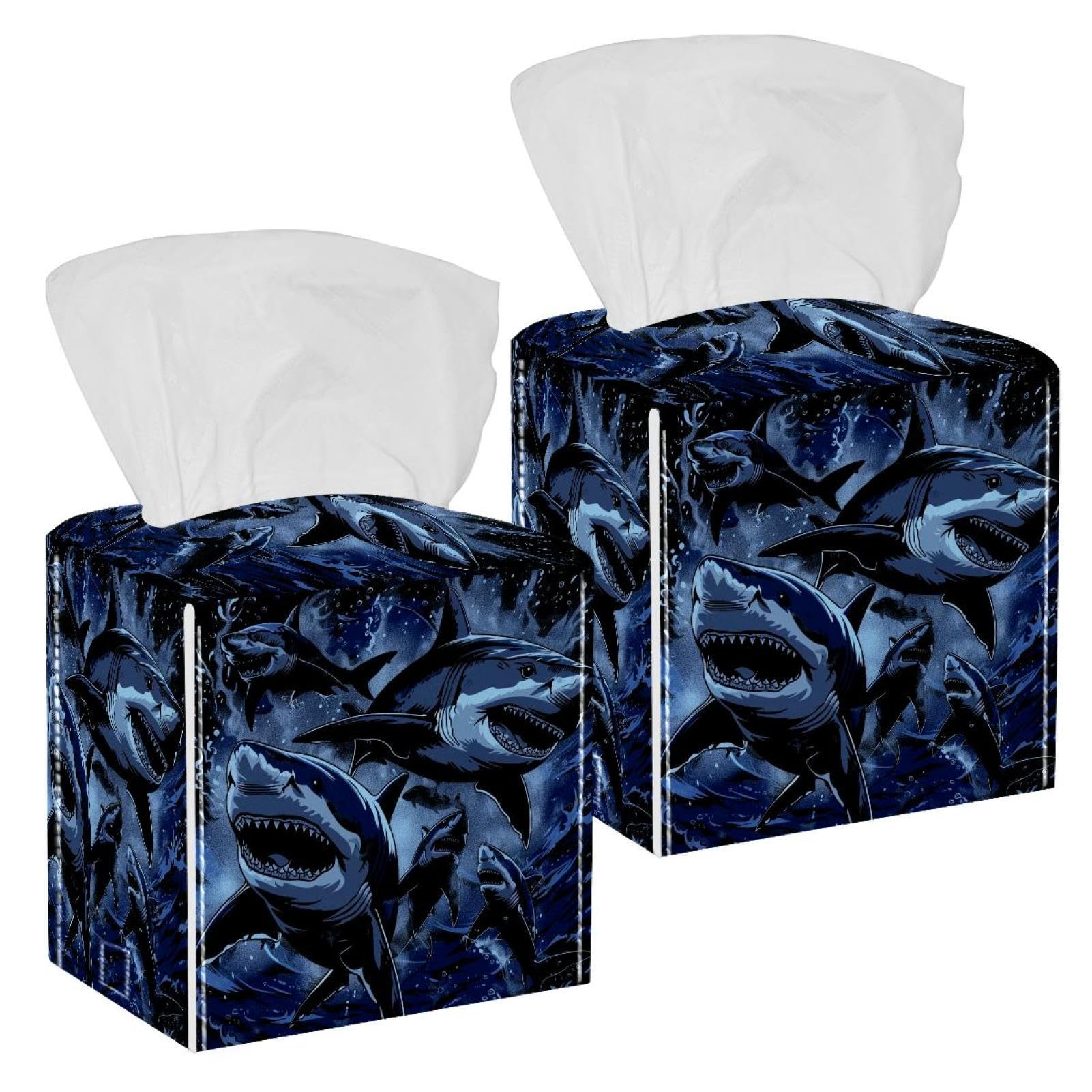 Sharks Swimming Tissue Box Cover, 2 Pack PU Leather Square Facial Tissue Dispenser Box holder for Home Office Car