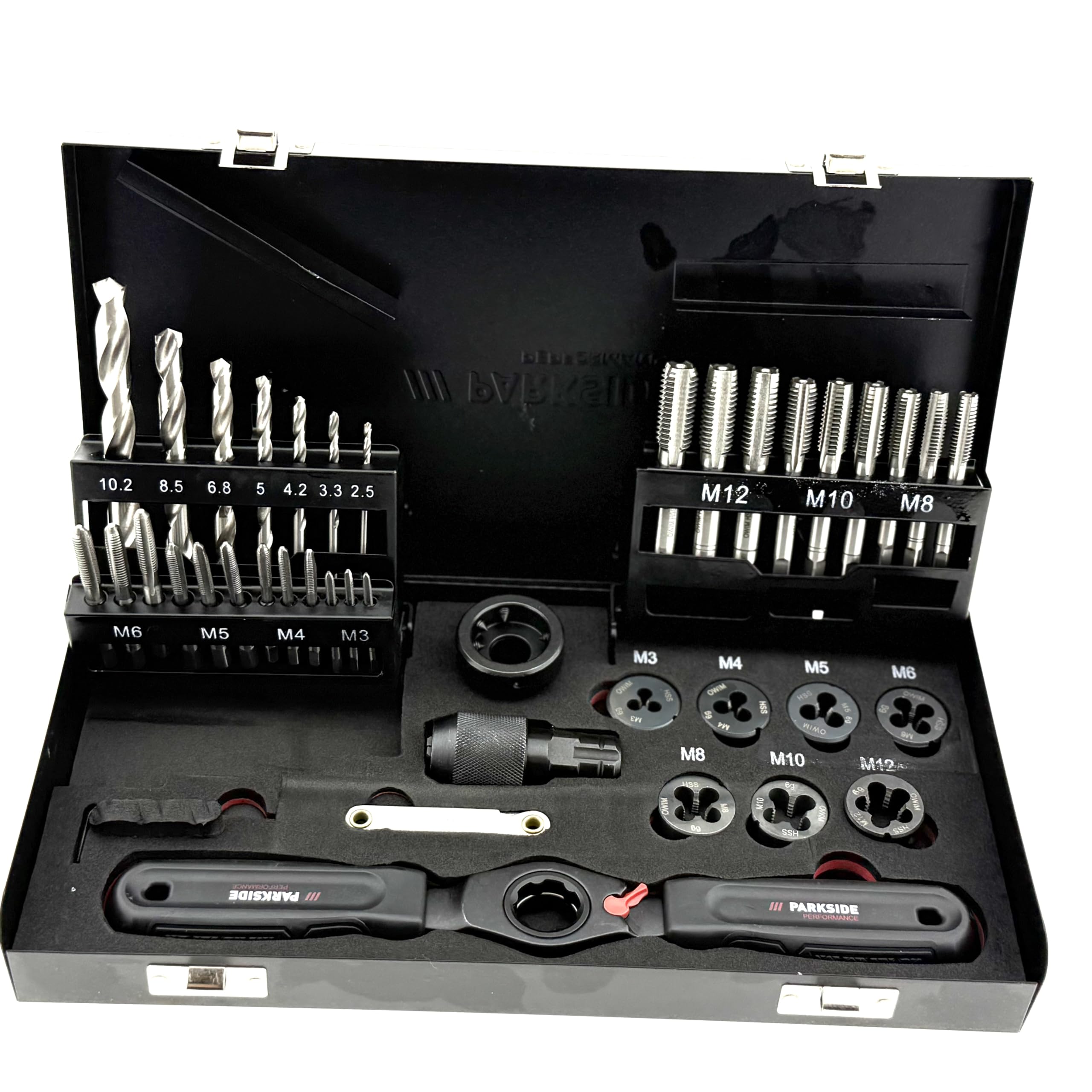 Parkside Performance Gewindebohrer- & Schneideisen-Set 38-teilig – M3–M12 – ISO metrisch – Innen & Außengewinde – HSS Kernlochbohrer – Aufbewahrungsbox
