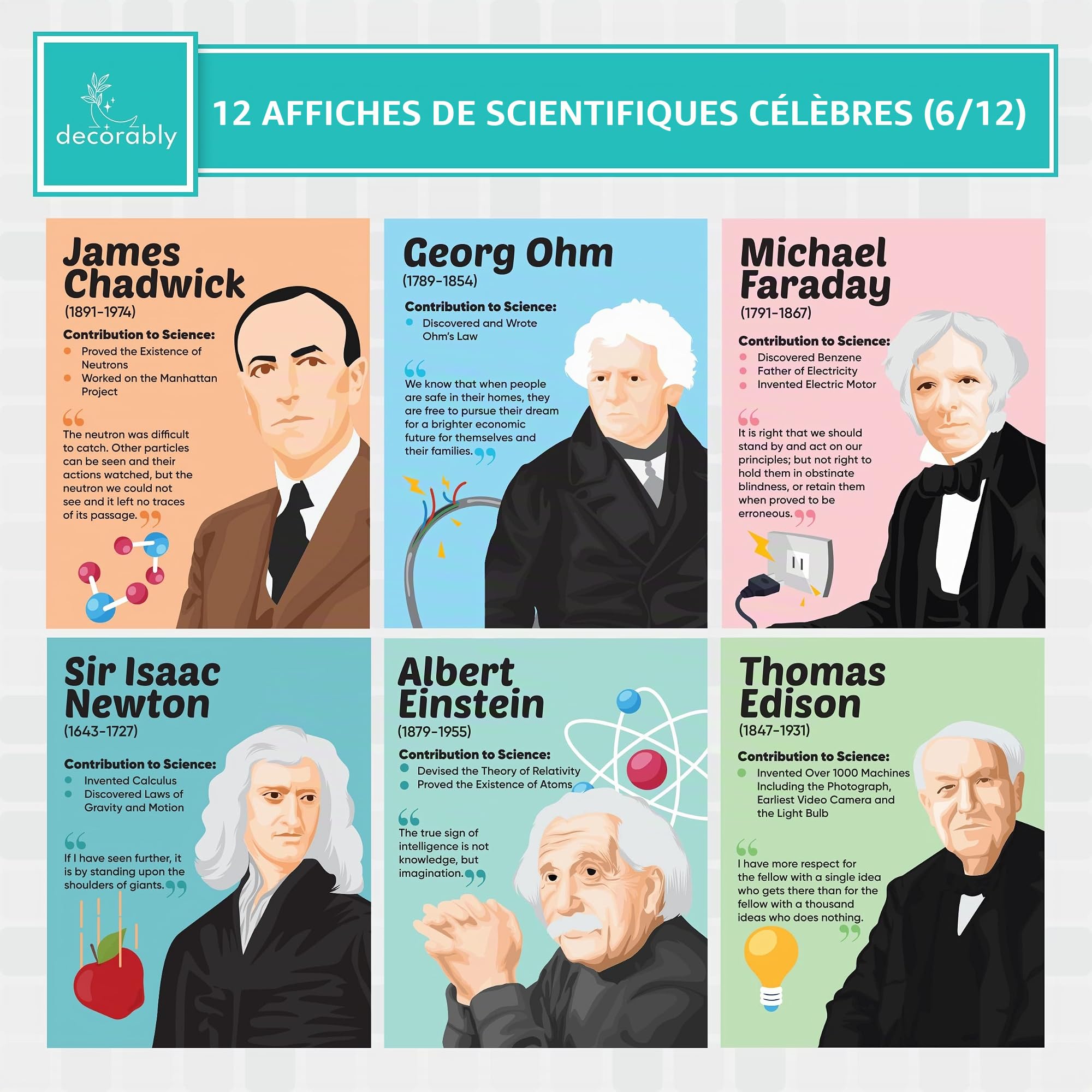 Decorably Lot de 12 affiches scientifiques célèbres pour salle de classe, 27,9 x 35,6 cm, laminées mates, décoration de salle de classe