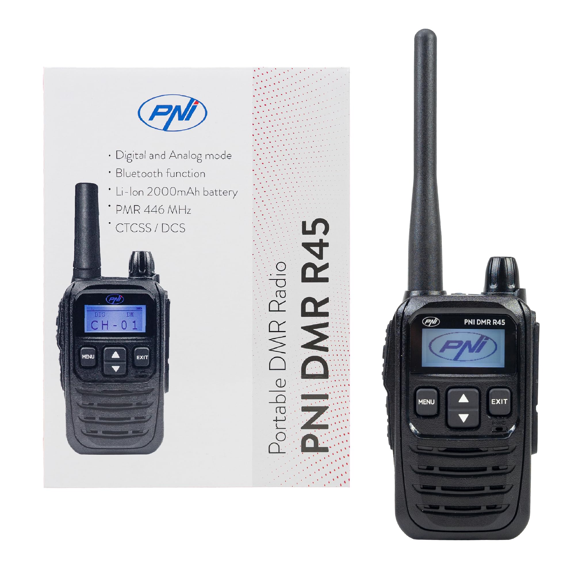 Emisora ​​de Radio portátil PNI DMR R45, Digital y analógica, 446MHz, 16 Canales Digitales y 99 Canales analógicos, función de grabación de Voz, batería Li-Ion 2000mAh