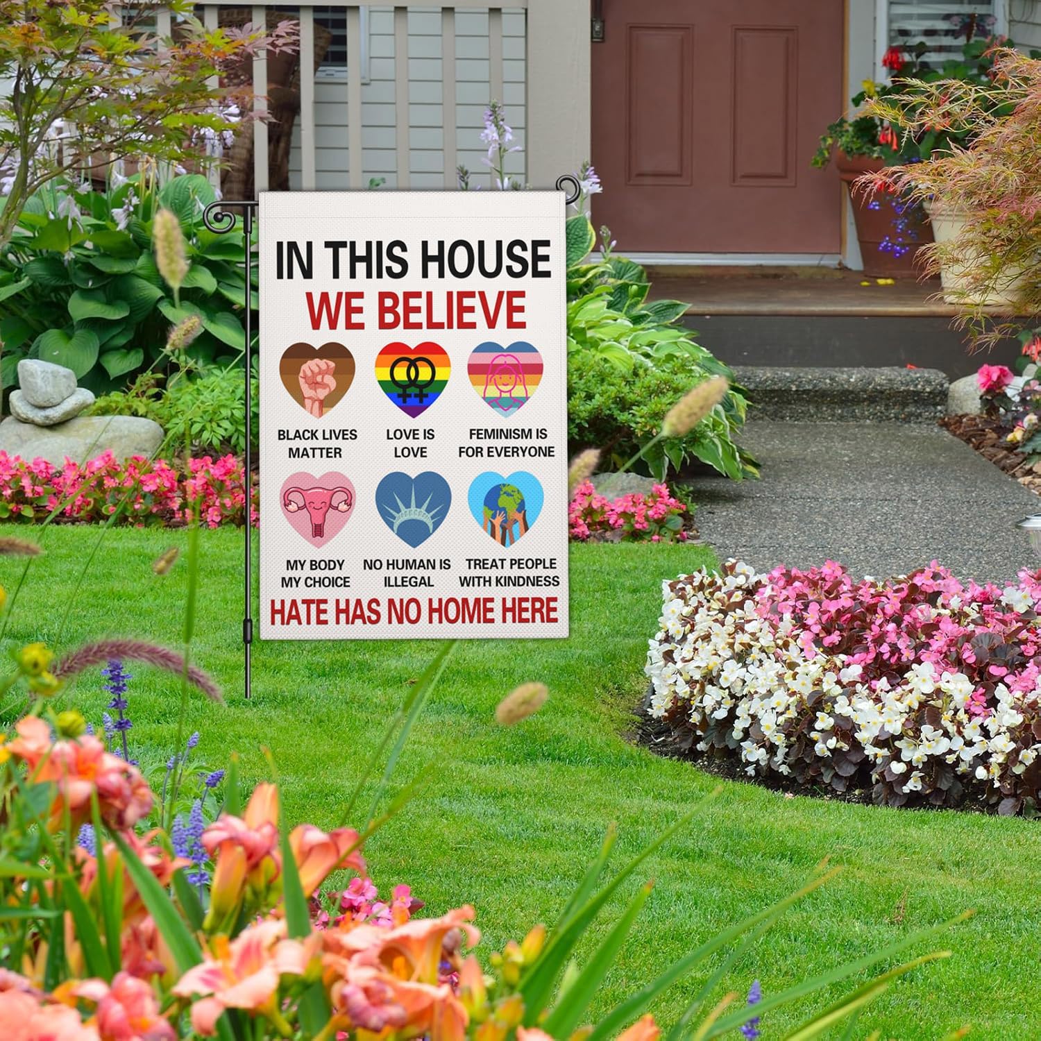 In This House We Believe Garden Flag Gay Pride Garden Flags for Outside 12x18 Inch Double Sided Hate Has No Home Here Flag Equality Ally Yard Decorations - Image 3