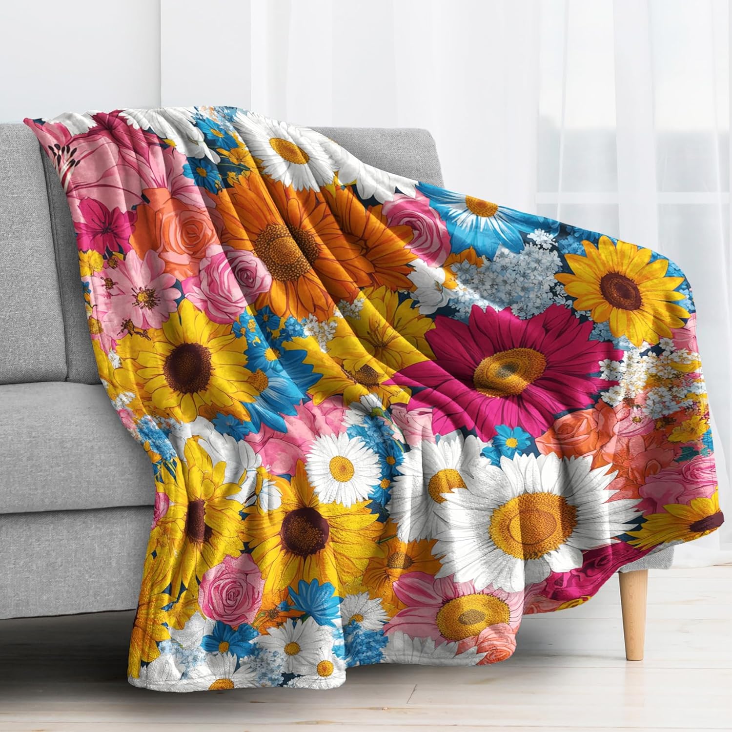 Colorful Daisy Throw Blanket, Bright Floral Fleece Blanket for Couch Bed Sofa, Boho Flower Blankets and Throws, Decor & Gifts, Super Soft Plush Flannel Blanket, 40x50