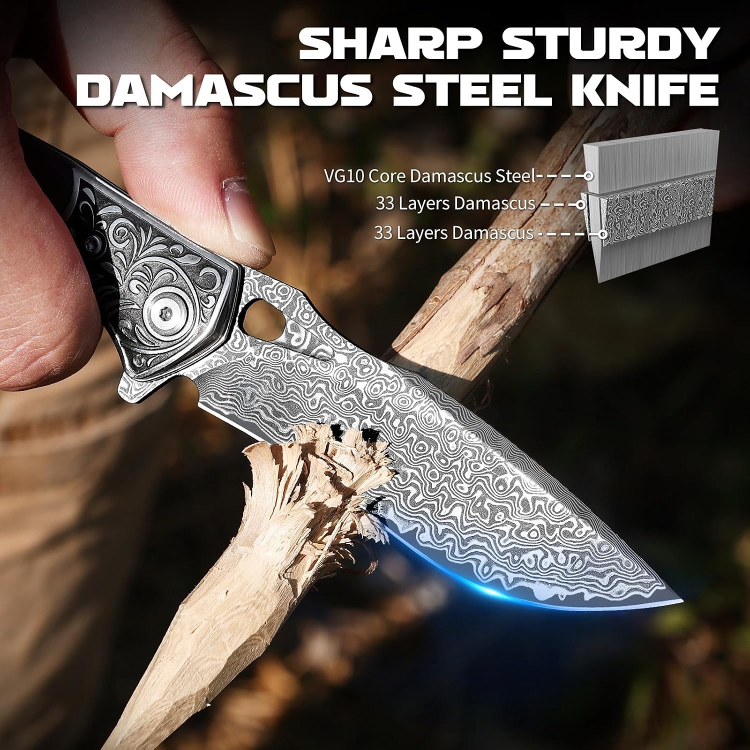 Omesio Damast VG10 Stal Scyzoryk EDC Drewniana Rękojeść Etui | Scyzoryk EDC ze stali damasceńskiej VG10, drewnianą rękojeścią i skórzaną pochwą, do campingu, wędrówek i outdoor