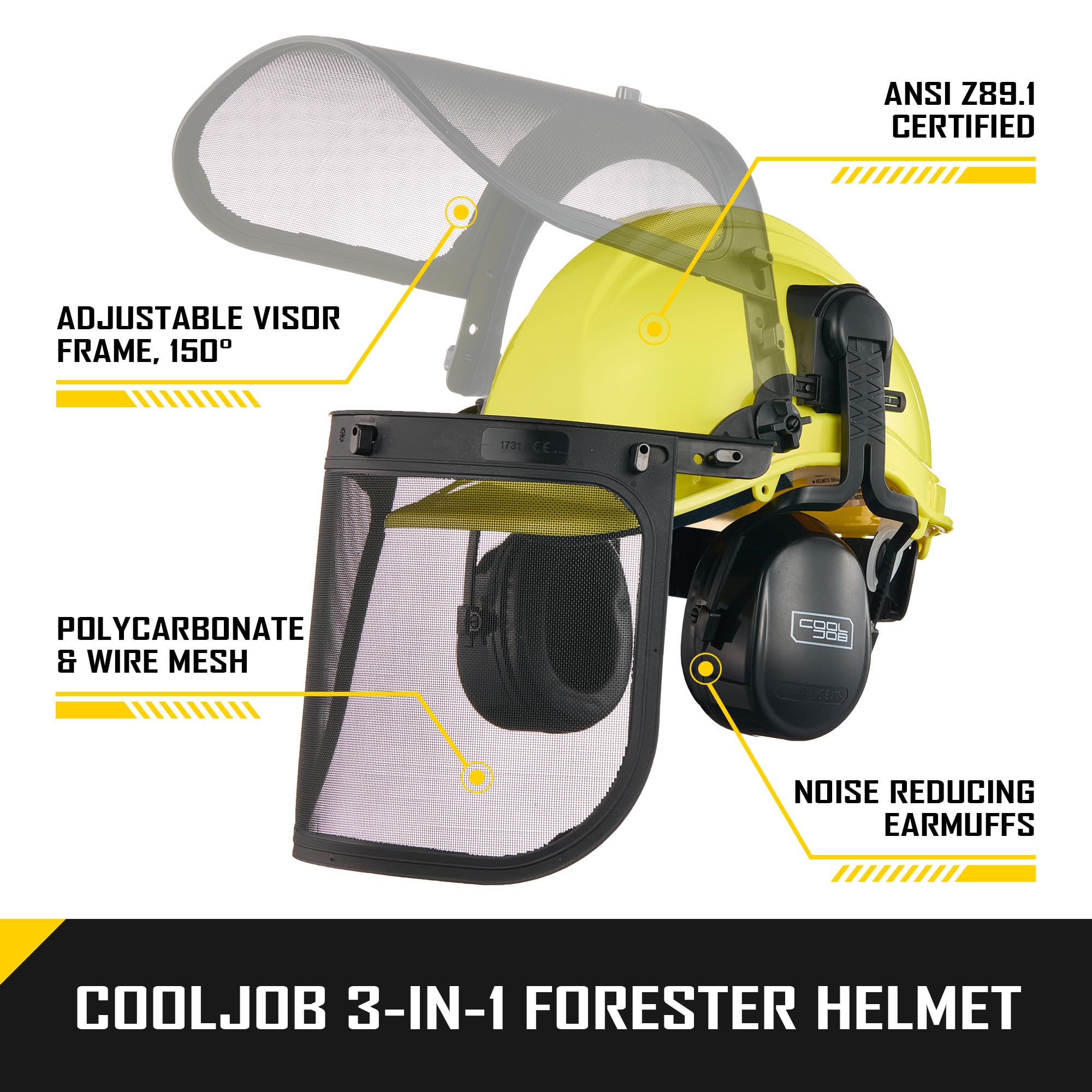 COOLJOB Casco de motosierra de seguridad con protector facial de malla de metal, orejeras ajustables para protección, casco duro 3 en 1 para silvicultura