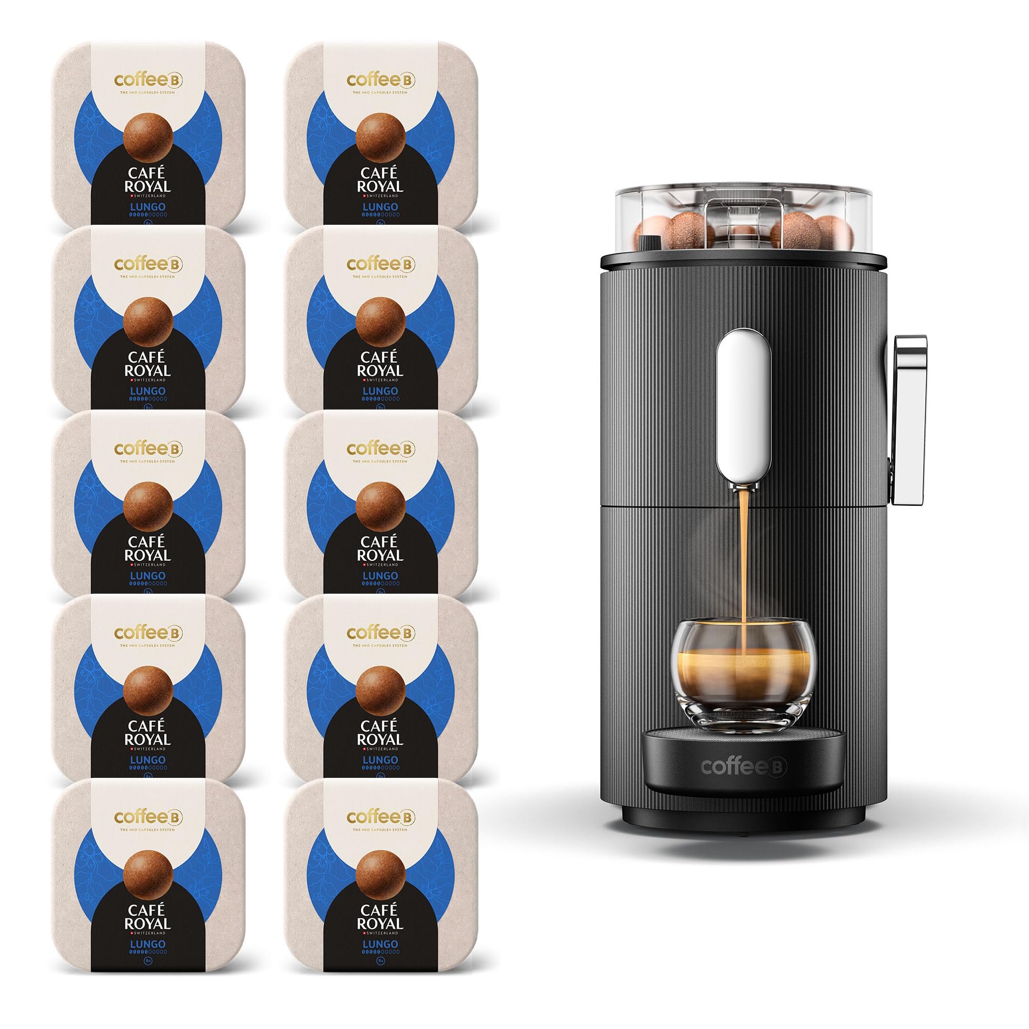 CAFE ROYAL SWITZERLAND PROFESSIONAL Machine à Café CoffeeB Globe Noir 1.3L avec 90 Coffee Balls Lungo - 100% Compostables