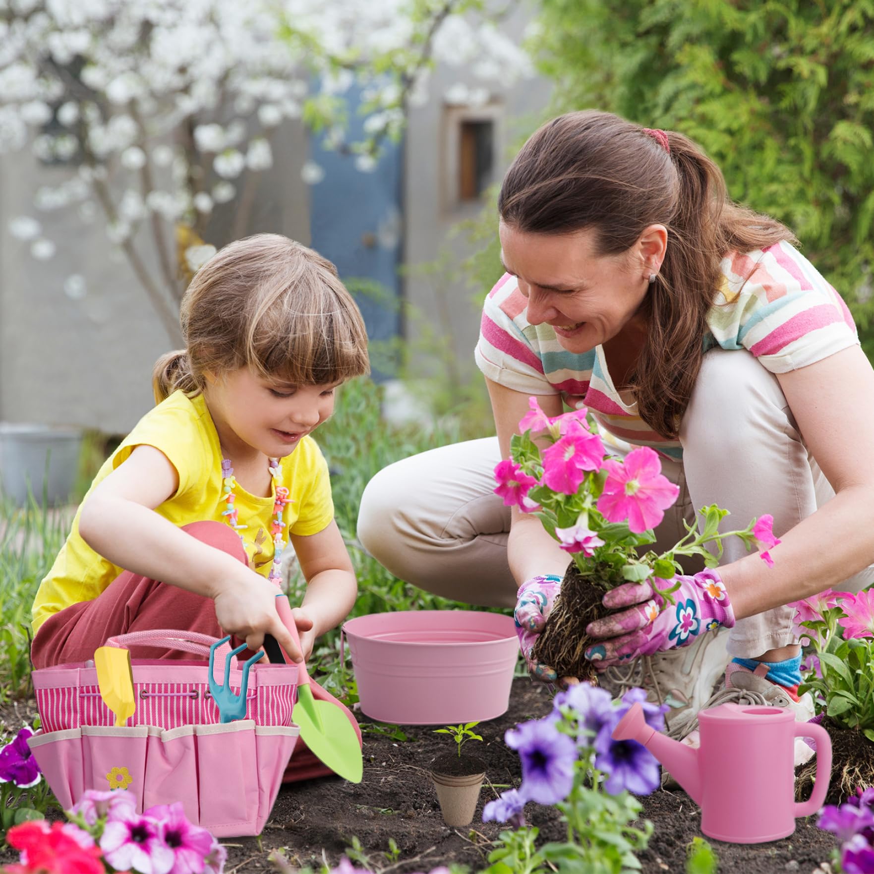 Juego de Herramientas de jardinería para niños pequeños, Pala, rastrillo, Olla, Delantal, regadera, Bolso de Mano Educativo, 11 Uds.