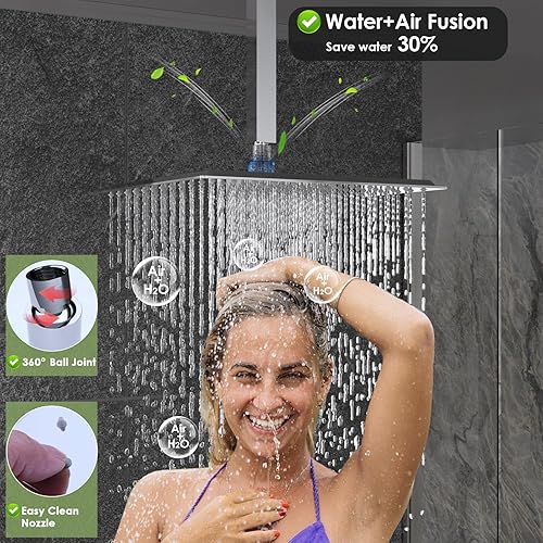 Miniatura 9 de Sistema de ducha de lluvia negro mate con chorros, sistema de ducha de lluvia de montaje en techo de 12 pulgadas y rociador de mano, juego combinado