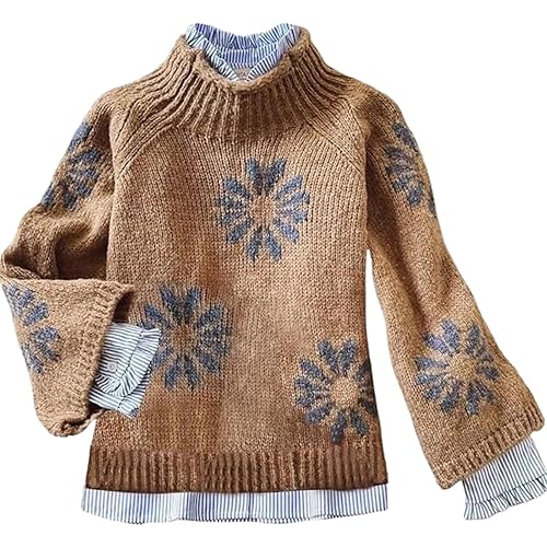 Women's Retro Brown Mock Neck Sweaters Chunky Long Sleeve Knit