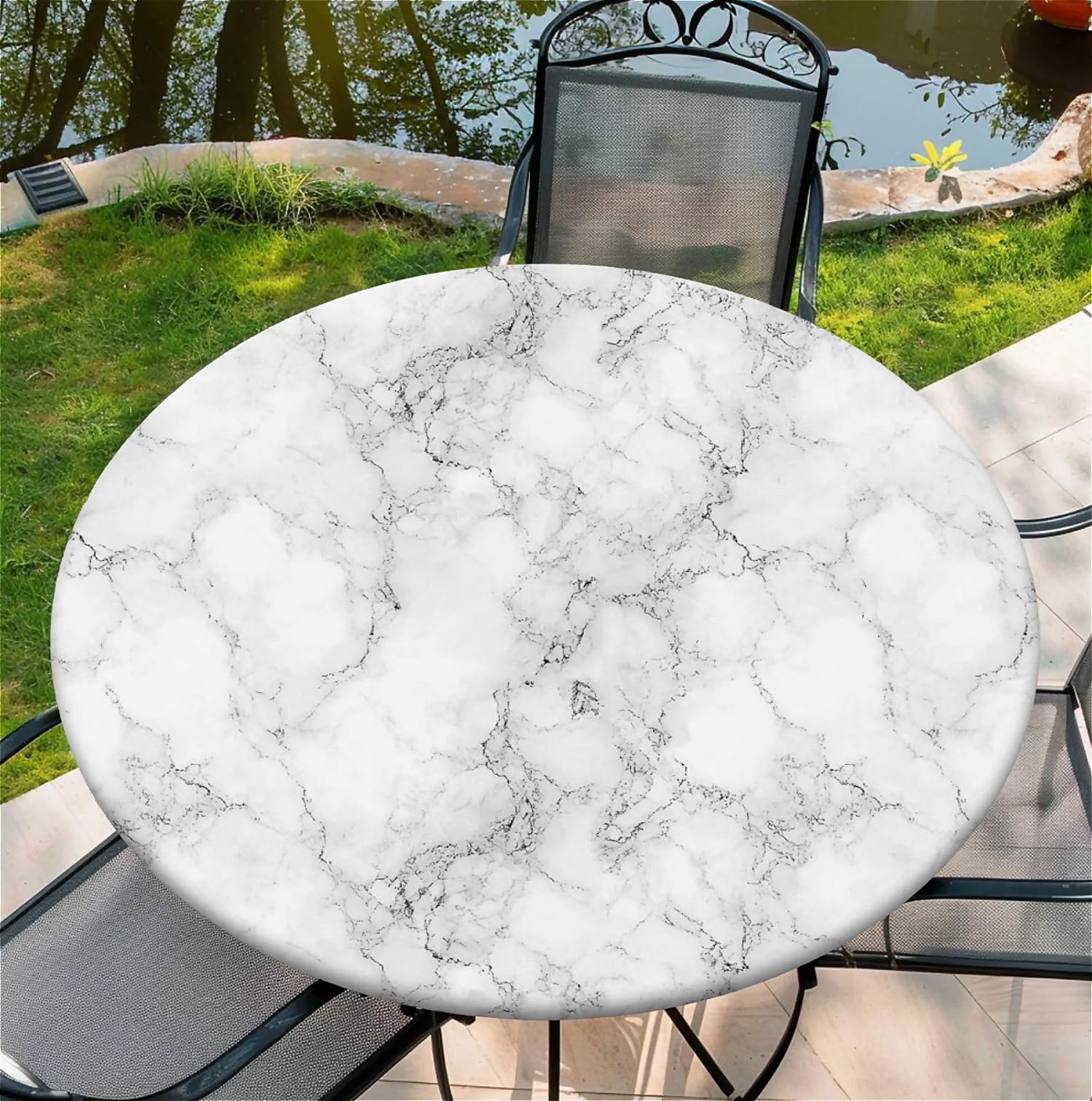 artslion Round Tablecloth with Elastic Band 60In-150cm Outdoor Garden Table Cloth with White Marble Pattern Fits 54"-58" Wide Tables