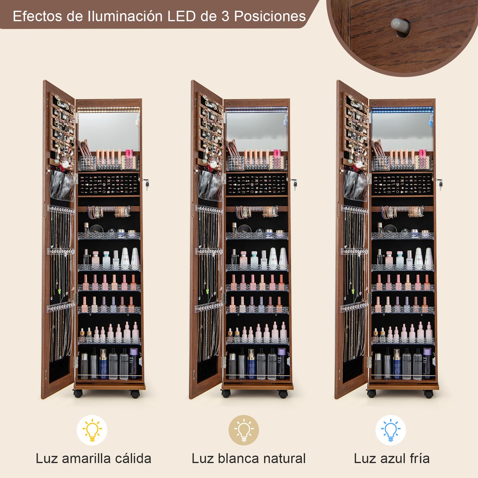 GOPLUS Armario para Joyas con Espejo de Cuerpo Entero, Espejo Joyero con Iluminación y Estante, Almacenamiento de Joyas con Ruedas, Organizador de Joyas con Cerradura para Dormitorio Vestidor