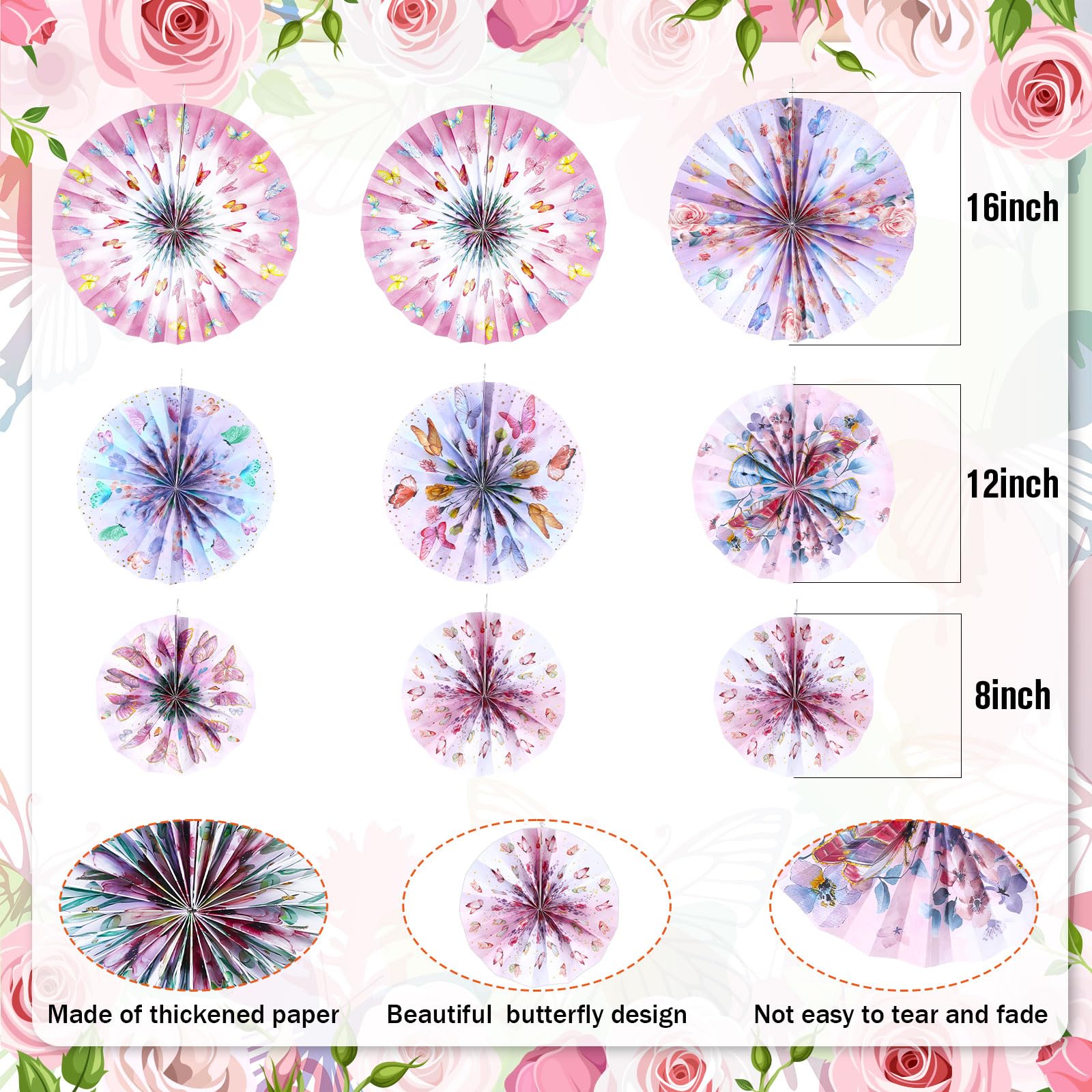 Outus 9 Pcs Spring Wildflower Party Butterfly Hanging Paper Fans Decorations Classroom Decoration Ceiling Wall Decor Tea Party Floral Baby Shower Baby in Bloom Birthday Boho Wedding(Butterfly)