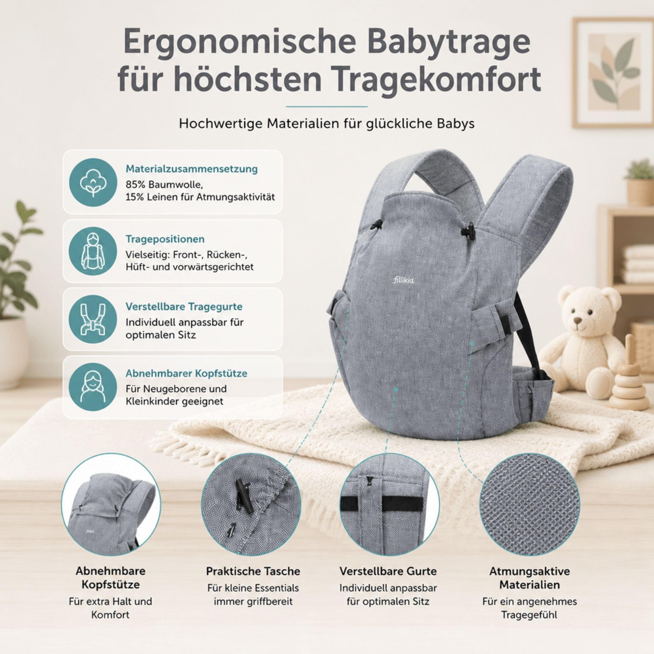 Fillikid Bauchtrage, ergonomische Babytrage | Inkl. Kopf- & Nackenstütze, Rückentrage für Säuglinge & Kleinkinder, 5-20kg