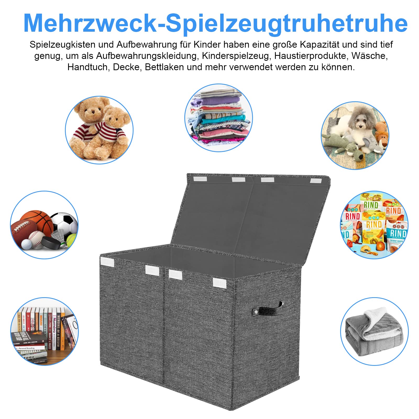 Pudełko do przechowywania zabawek z pokrywką dla dzieci – pudełko do przechowywania 71,6 l, składane, z uchwytami, duże, na zabawki, ubrania, książki, do sypialni (ciemnoszare)