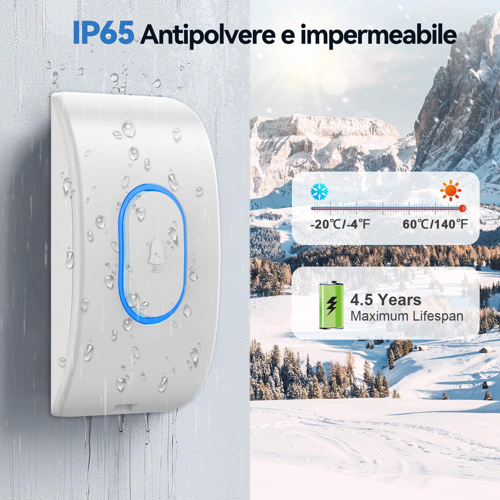 TECKNET Campanello Senza Fili, Portata 400m 60 Melodie e 5 Livelli di Volume Indicatori LED de Esterno IP65 Impermeabile Campanelli Wireless, Bianco, 1 Trasmettitore + 3 Ricevitori