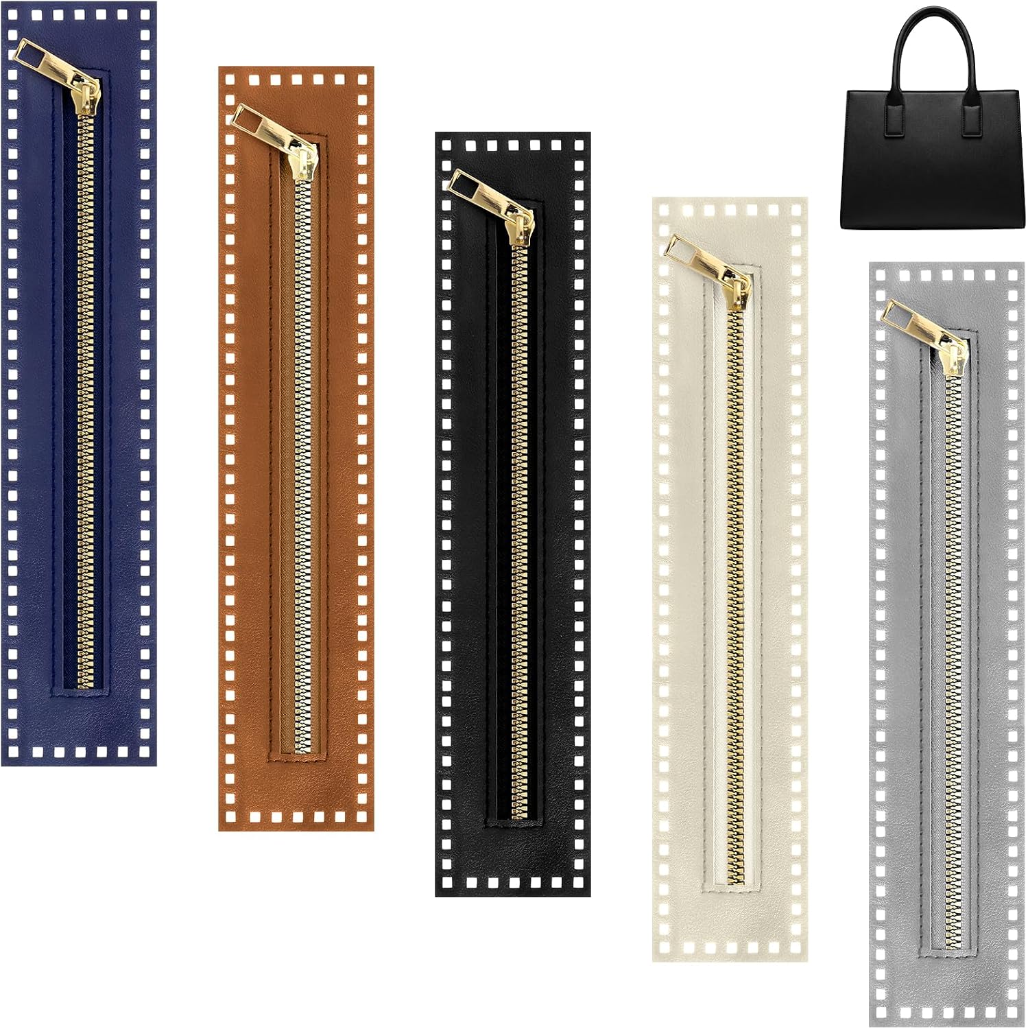 5 Pcs PU Leather Crochet Zipper 10.6 Inch Leather Sewing Zipper with Holes 5 Colors Handmade Bag Zippers Leathers Frame Bulk Metal Fastener for DIY Purse Handbag Sewing Handicraft Accessories