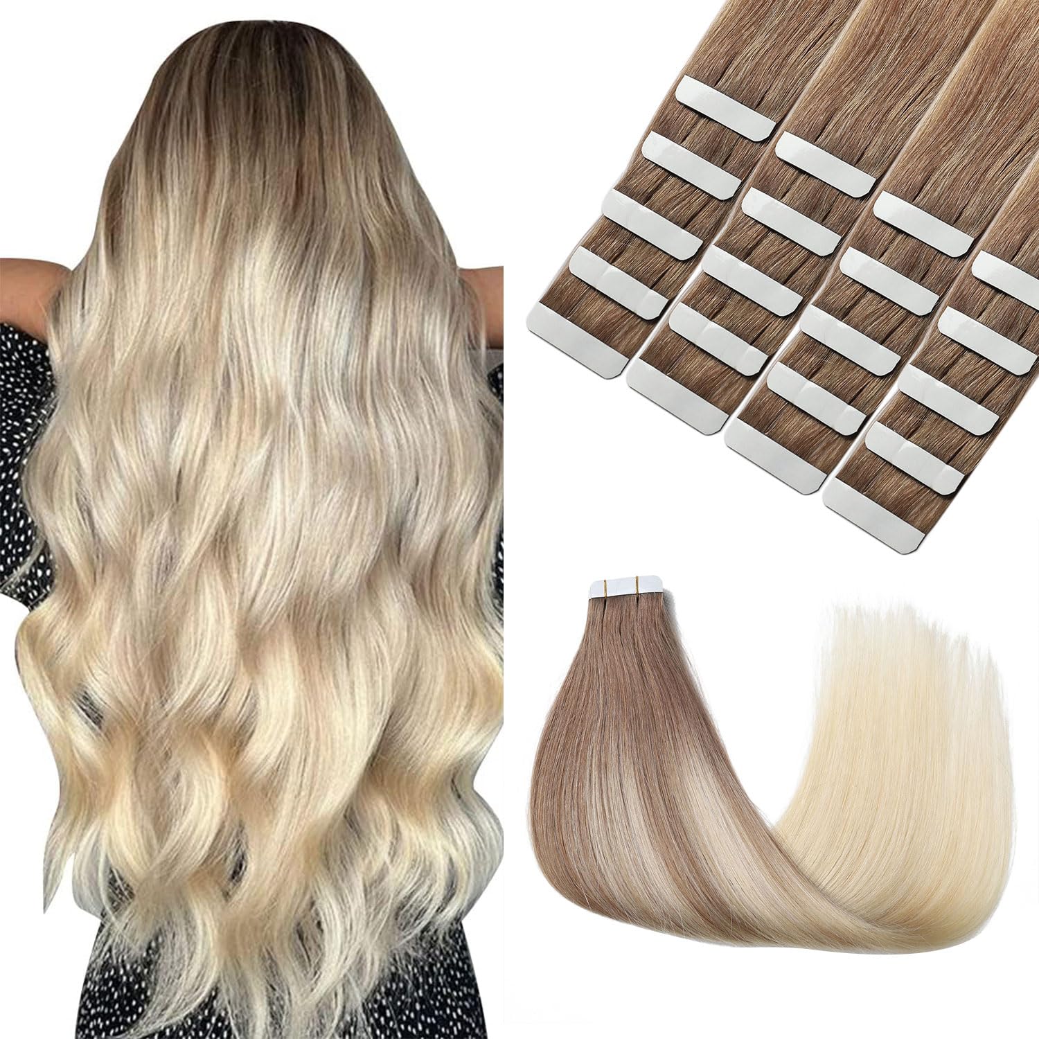 Sindra Tape in Hair Extensions Human Hair 20Inch 50Gram 20PCS Ash Brown to Platinum Blonde Straight Remy Human Hair Tape in Extensions Seamless Hair Extensions (#8/60 20IN)