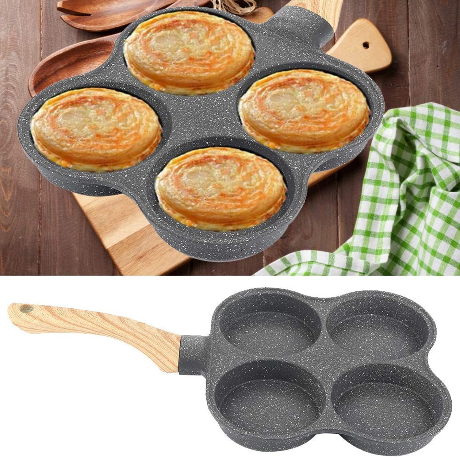 Zerodis Patelnia do omletów 4 otwory, nieprzywierająca, aluminiowa, do kuchenki indukcyjnej i gazowej, uchwyt drewniany
