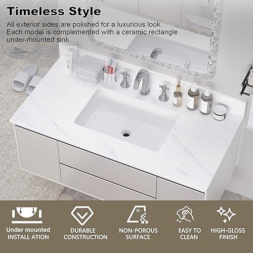 Miniatura 50 de Encimera de tocador de mármol de 43 pulgadas con fregadero, encimera de piedra de ingeniería con fregadero de cerámica y protector contra blanco