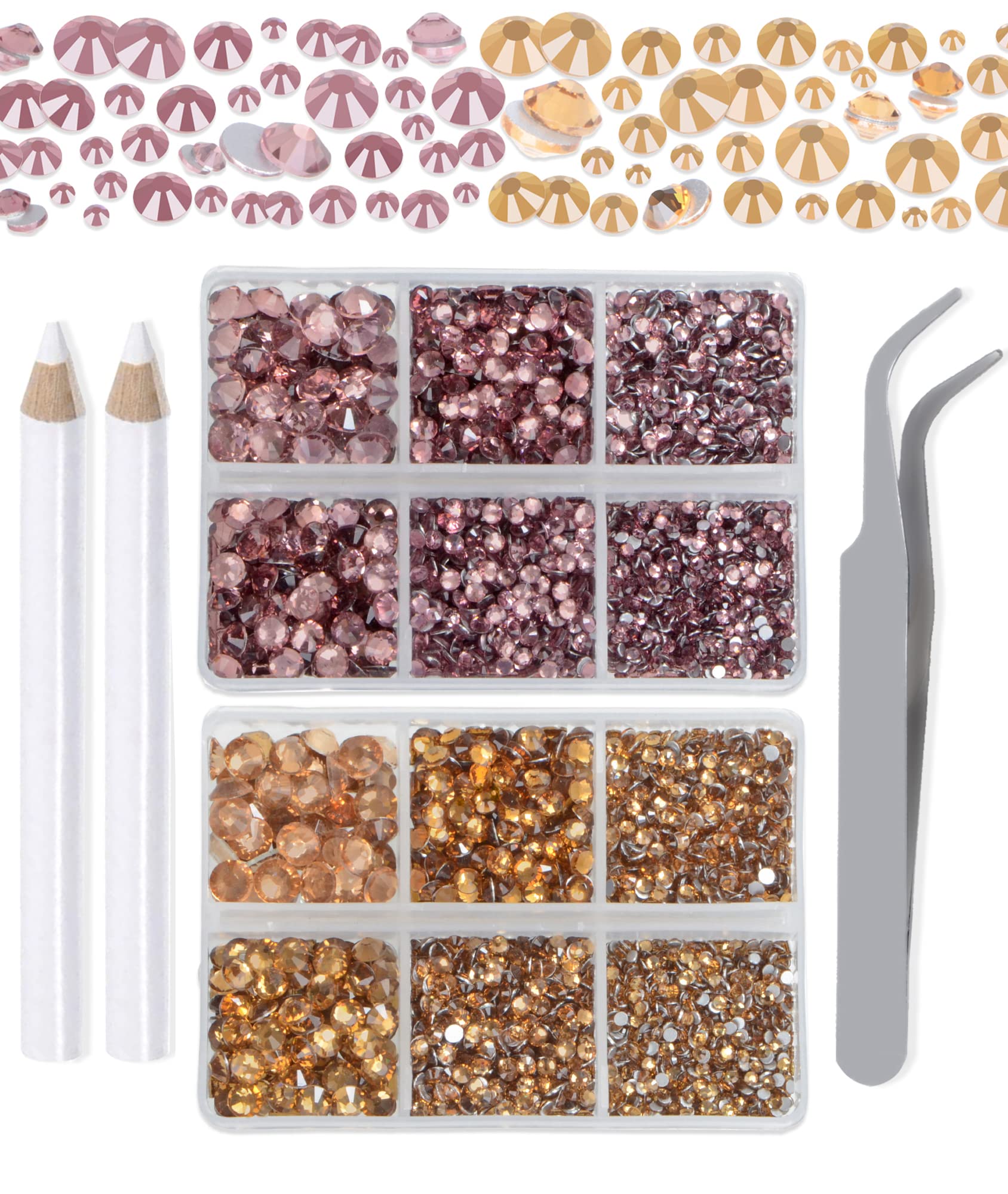 LPBeads 6000 Pieces Topaz and Lt Amethyst Non Hotfix Rhinestones 6 Sizes Round Crystal Glass Flat Back Rhinestones with Tweezers and Picking Pen for Nail Art Crafts Clothes Bags DIY