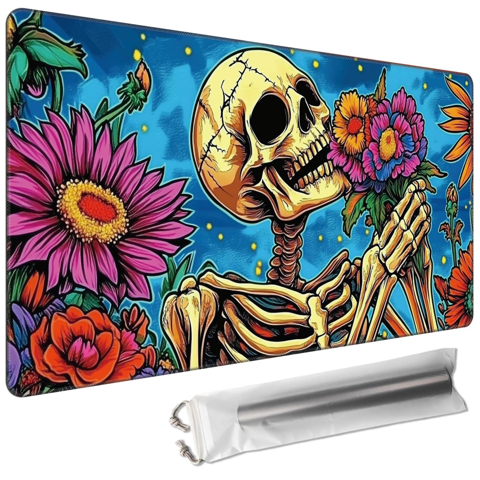 Cdkfxjy MTG Playmat 27.5 x 15.7in Includes Storage Bag,TCG Playmat with Soft Surface Premium Non-Slip Rubber Backing Stitched Edges Durable Gaming Mat,Skeleton Holding Flowers — image 1