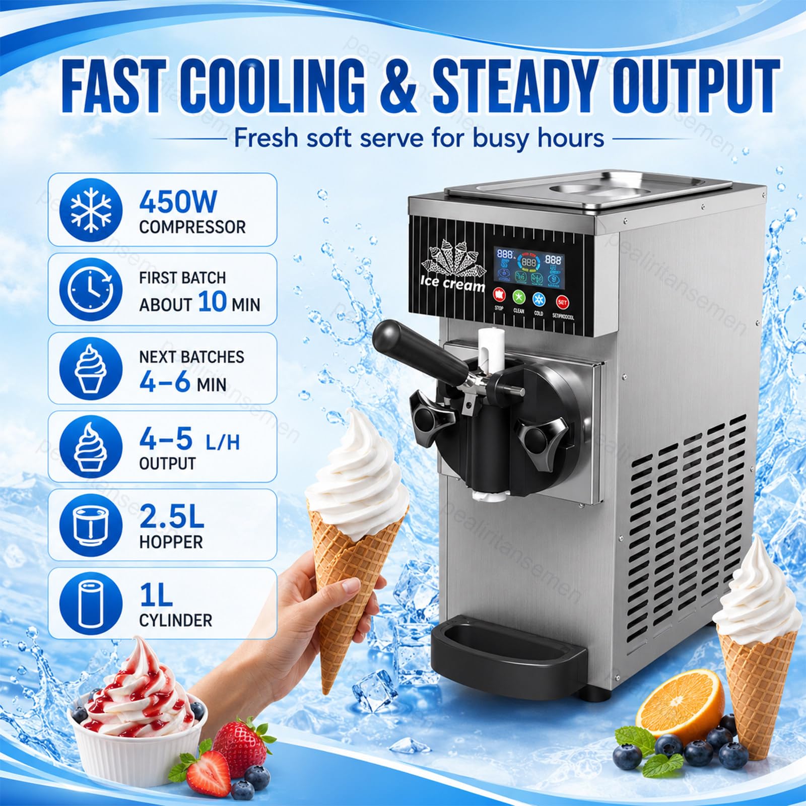 Macchina per Gelato Soft 450W, Gelatiera da Banco con Display LCD, Pre-Raffreddamento, Pulizia Automatica, Vasca 2,5L, Macchina Gelato Monogusto per Bar e Gelateria StainlessSteel