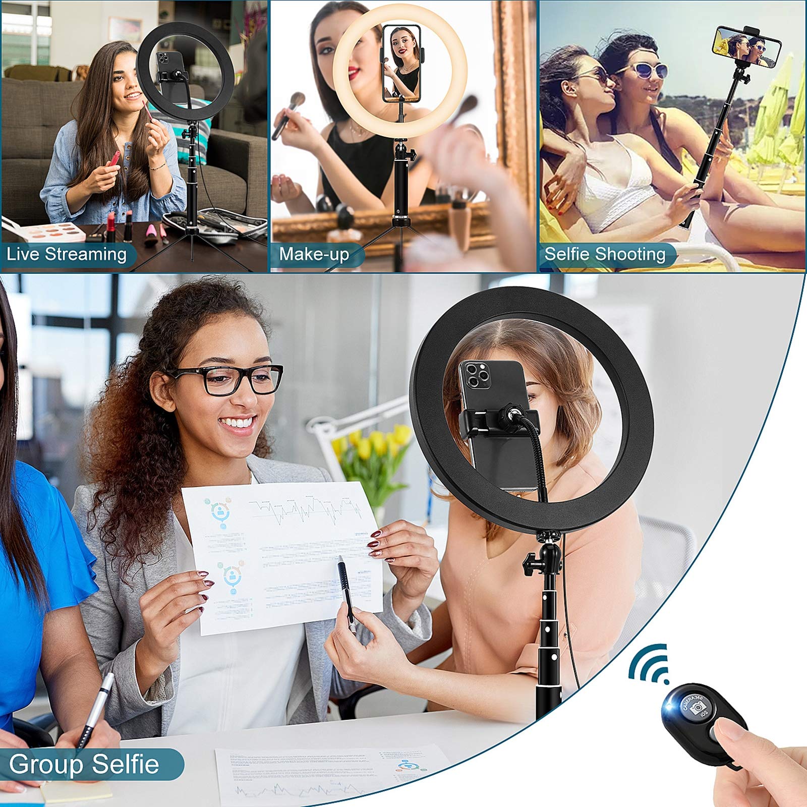10" La Luce Anello a LED con Supporto per treppiede Regolabile e Supporto del Telefono, Bluetooth Remote Compatibile con iOS Android, per Il Trucco in Diretta di Youtube Video Fotografia