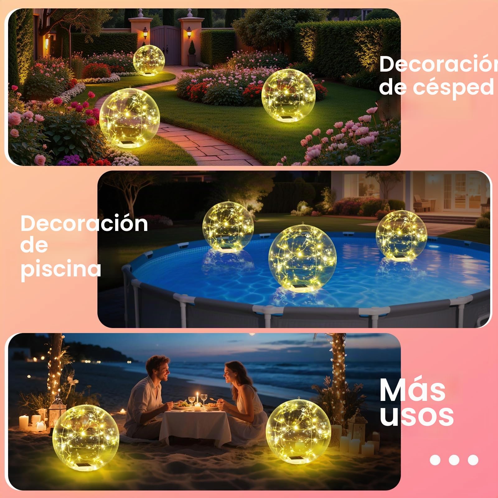 Askyli Luces solares flotantes para piscina, luz solar impermeable de 38 cm que flota, bolas de piscina con luz LED blanca cálida, luces solares de piscina de encendido/apagado automático para