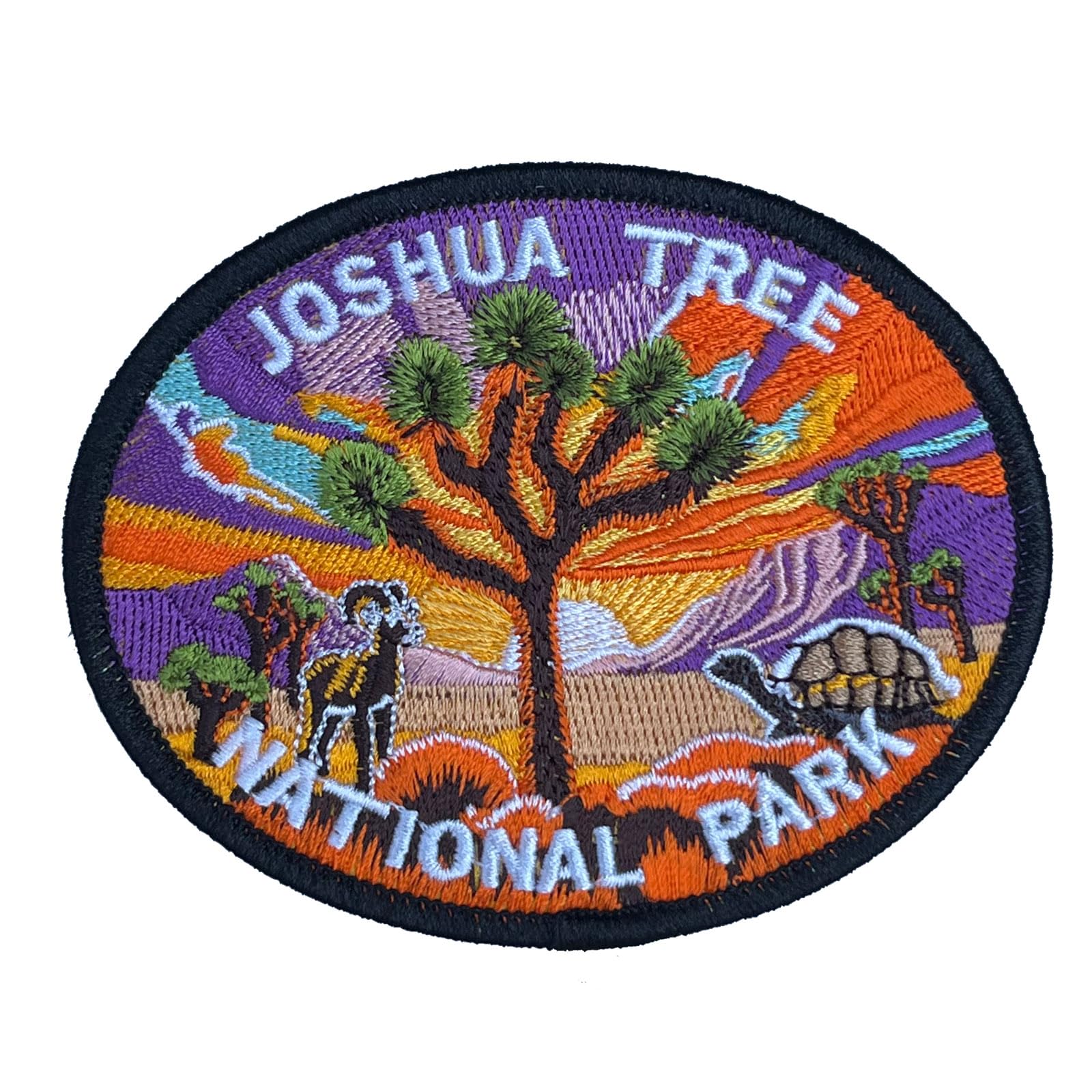 4" Joshua Tree National Park Embroidered Iron on Patch, Desert Bighorn Sheep, Desert Tortoise, Cactus, Sunset