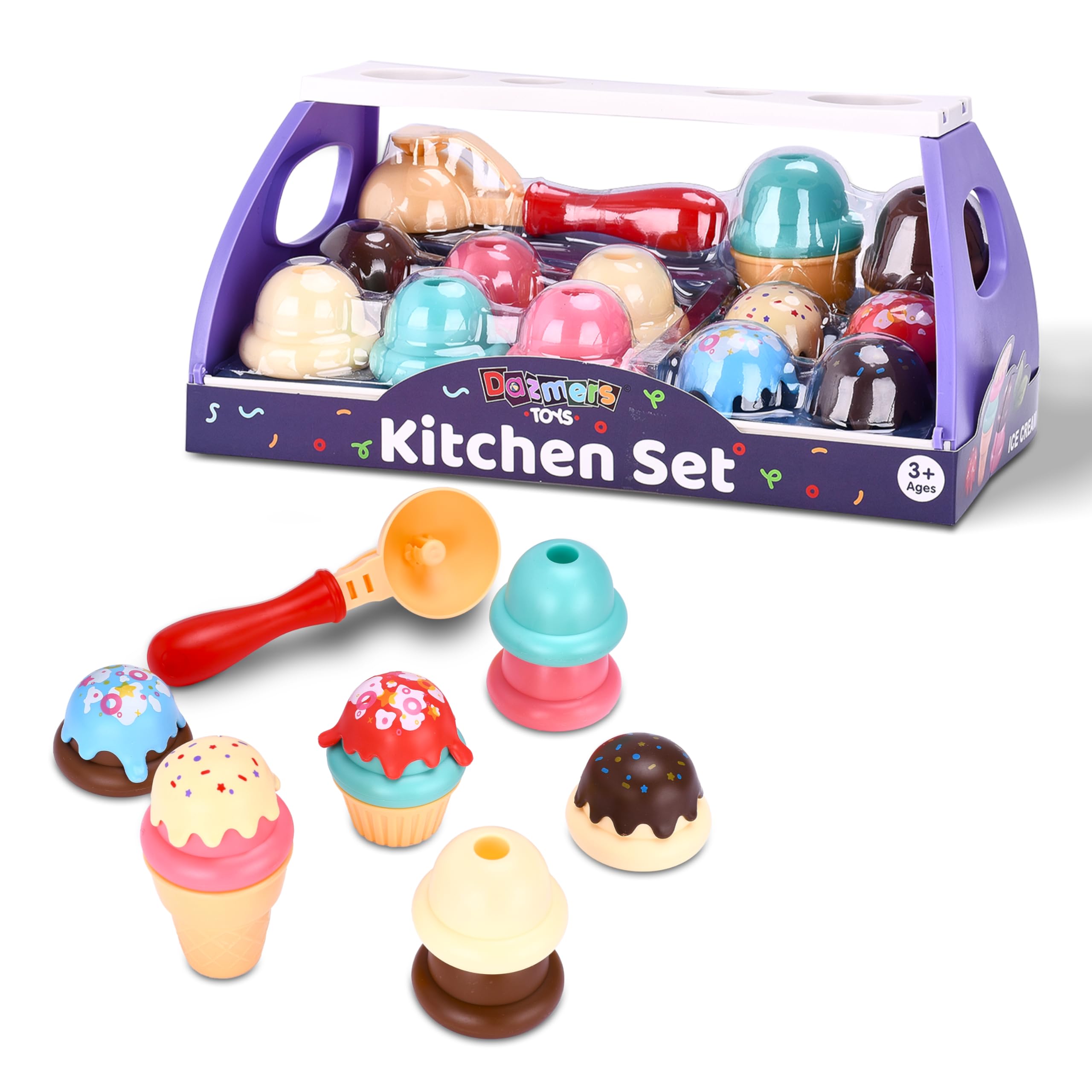 Dazmers Ice Cream Toy with Scoop Set - Multicolor Plastic Scoop and Serve Counter for Toddlers - Ice Cream Stand Play Set for Kids - Fun Ice Cream