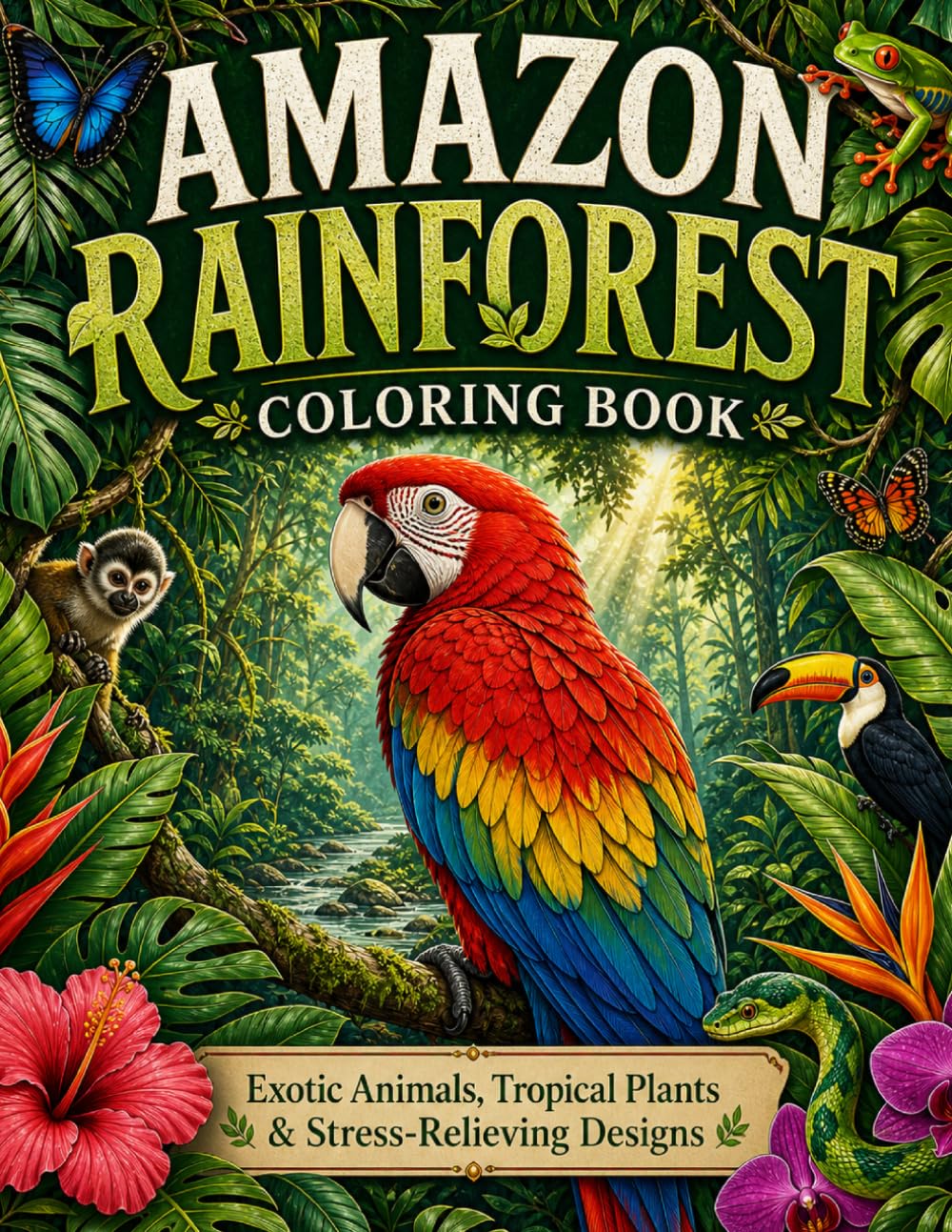 Amazon Rainforest Coloring Book: Exotic Wildlife, Tropical Plants & Relaxing Jungle Scenes with Simple to Detailed Designs for Adults and Teens