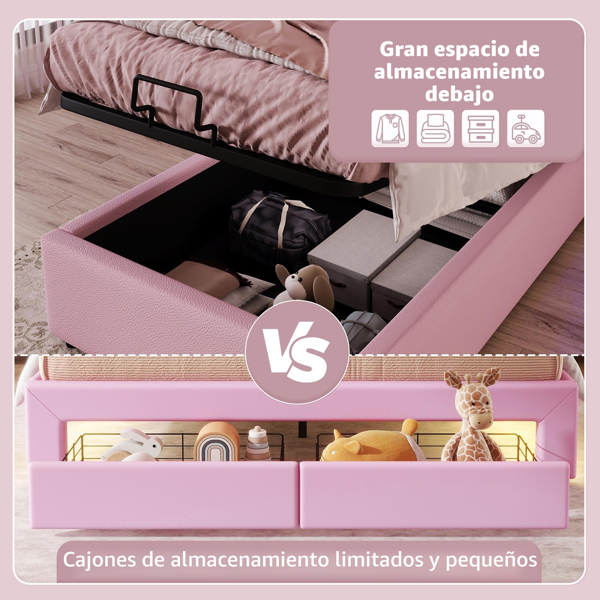 Lubvtti Cama Acolchada 90x200 cm con luz Ambiental,Cama Individual con contenedor,Cama Infantil,Forma de Corona de Princesa,Cama con almacenaje,con somier de láminas,PU
