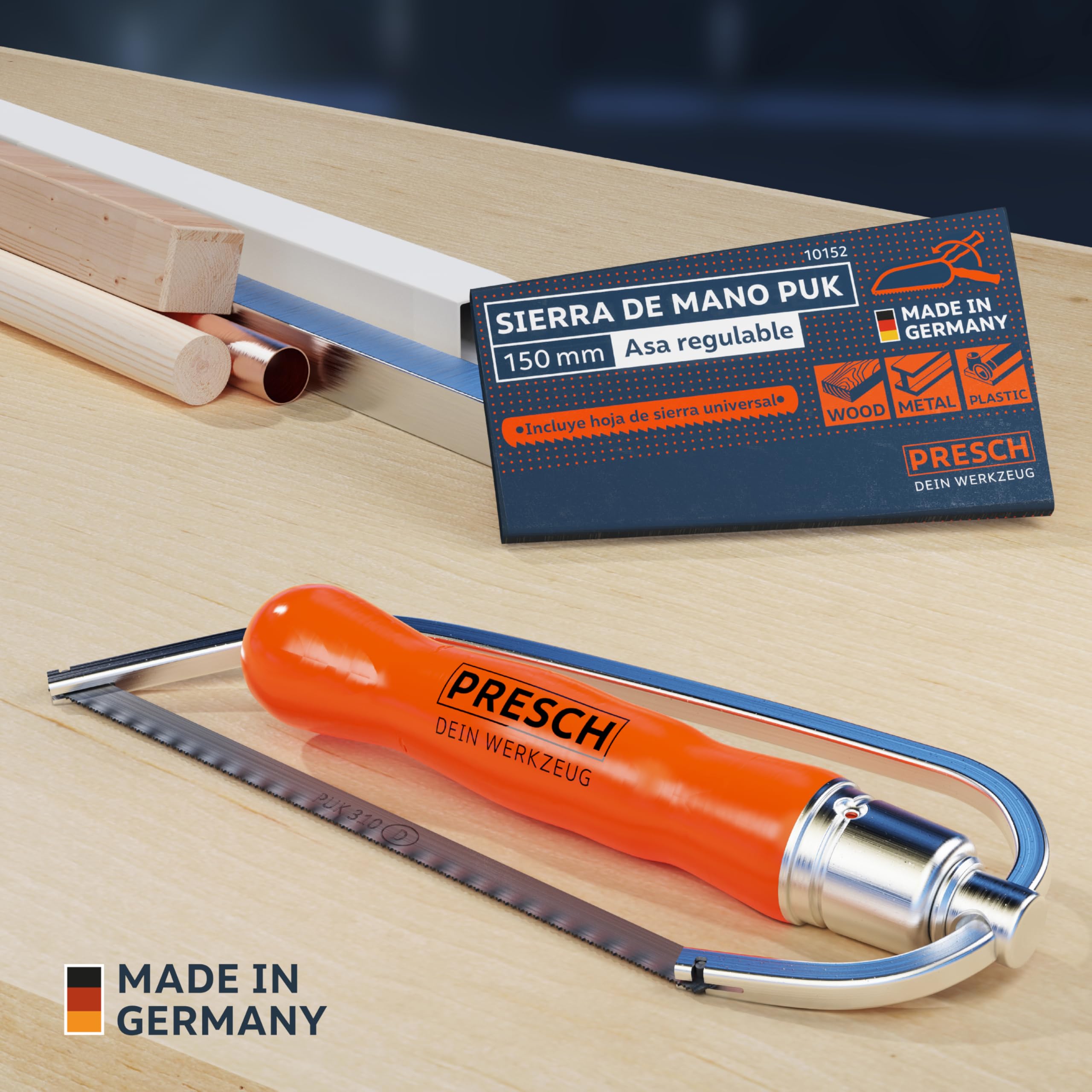Presch Sierra de arco plegable PUK 150mm incl. hoja de sierra universal - Sierra plegable PUK con mango ajustable - Sierra pequeña para metal no ferroso, plástico, aluminio, todas las maderas