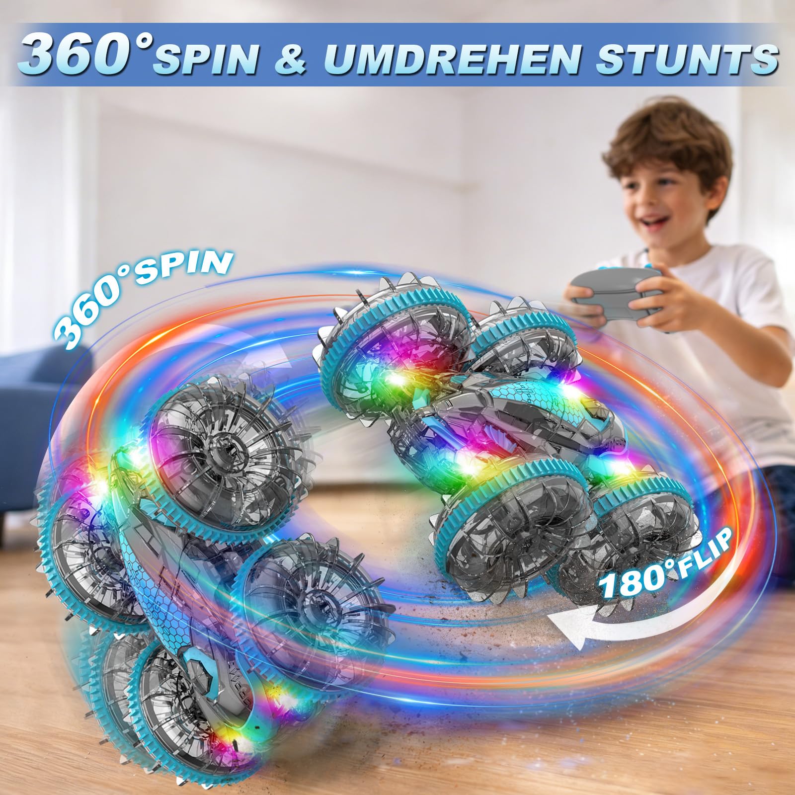 MidiVix Coche anfibio teledirigido, tiempo de juego de 90 minutos, 2,4 GHz, doble cara, giratorio 360°, con iluminación RGB, 4WD RC Auto Juguetes Regalos para niños 6-12 Gris Azul
